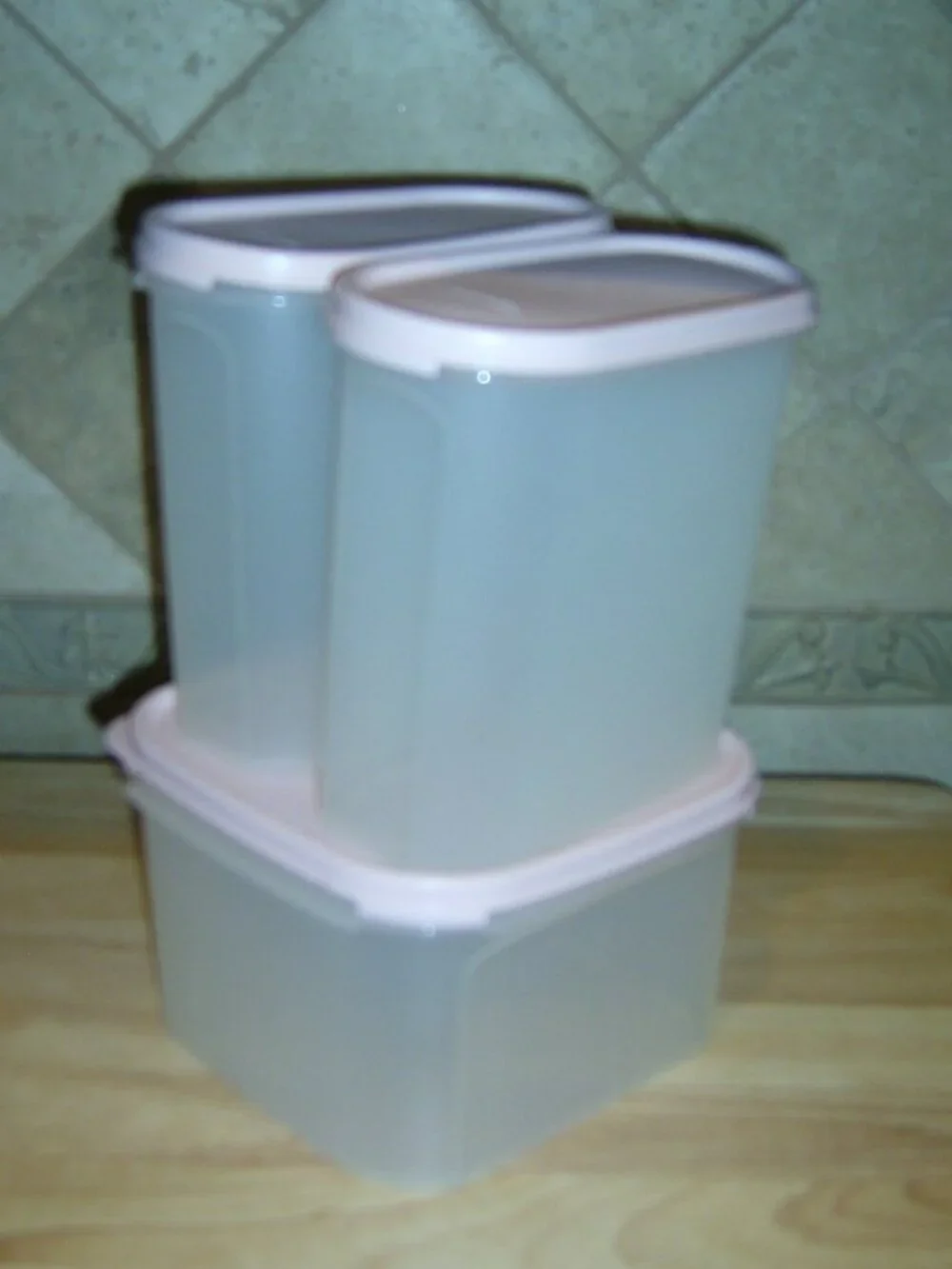 Tupperware Clear Plastic Storage Containers, Set of 3, Pink Snap Lids